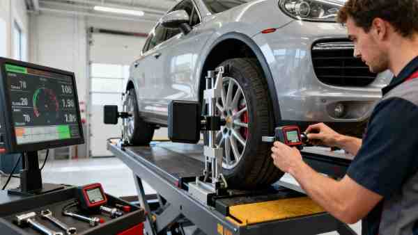 Technician adjusting suspension angles for wheel alignment